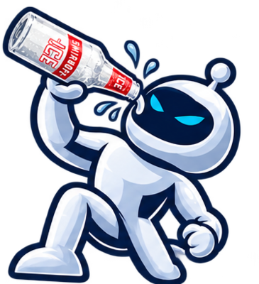 The league mascot, a robot chugging a Smirnoff Ice